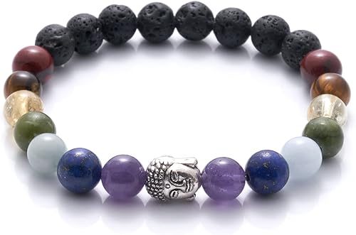 BERGERLIN - Pulsera de 7 chakras con piedra natural genuina y perlas de piedra de lava - Pulsera Real Seven Chakra - Calidad Certificada