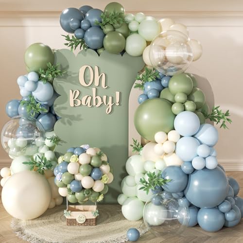 Image of Dusty Blue Sage Green Balloon Arch Kit 139Pcs Fog Blue Pastel Green White Sand Balloons for Baby Shower Birthday Jungle Safari One Silly Goose Theme Wedding Bride Party Decorations for Boy Girl Adult