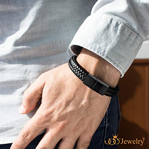 555Jewelry Stainless Steel Magnetic Clasp Braided Brown & Black Leather Bracelet for Men2