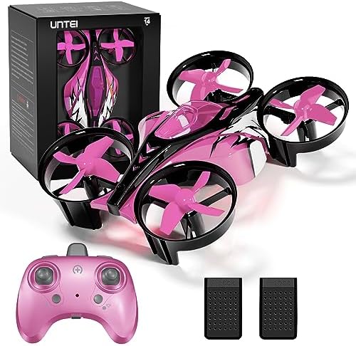 UNTEI 2 In 1 Mini Drone for Kids Remote Control Drone with Land Mode or Fly Mode, LED Lights,Auto Hovering, 3D Flip,Headless Mode and 2 Batteries,Toys Gifts for Boys Girls (Harbor Pink)