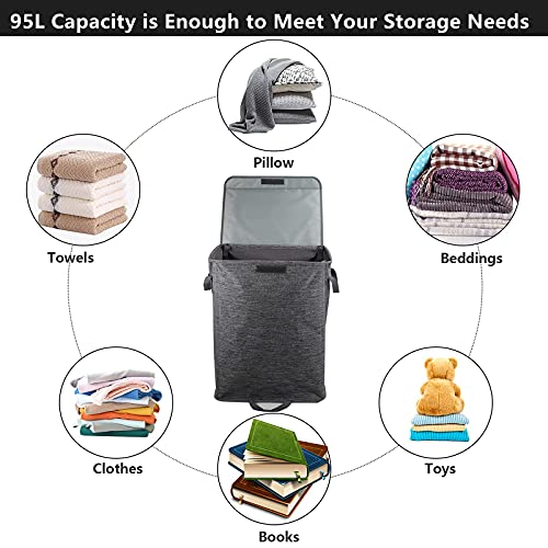 95L Collapsible Laundry Hamper With Lid & 2 Removable Bag Liners, Laundry Basket With Handles, Detachable Clothes Hamper For Bedroom, Bathroom, Nursery,College Dorm, Family,Grey #TOP4