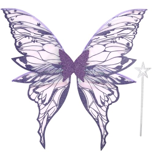 Fairy Wings for Adults Women 31.5x29.5 Fairy Costume Set Large Butterfly Wings for Halloween Party Purple