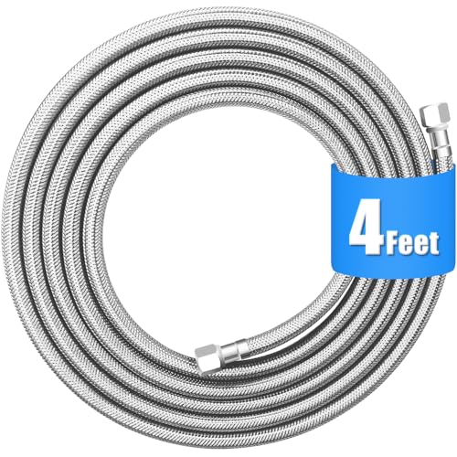 Refrigerator water line - 4 FT Premium Stainless Steel Braided Ice Maker Water Hose,Food grade PEX Inner Tube Fridge Water Line with 1/4
