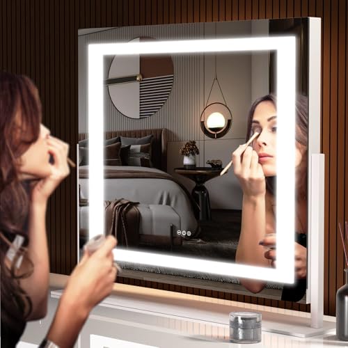 Vanity Mirror with Lights and Phone Holder for Makeup - 24.2 x 19.7 LED Mirror with 10X Magnification, USB, Smart Touch Controls