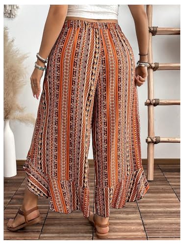 OYOANGLE Women's Plus Size Boho Print Ruffle Trim Cropped Pants Slit Wide Leg High Waist Casual Trousers3