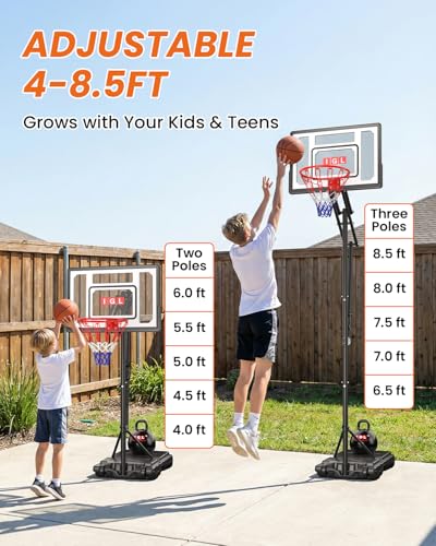 Image of IGL Kids Basketball Hoop Outdoor | 4-8.5ft Adjustable Height | 33 inch Shatterproof Backboard | Fillable Base & Extra Anchor | Portable Goal w /Wheels for Backyard Driveway