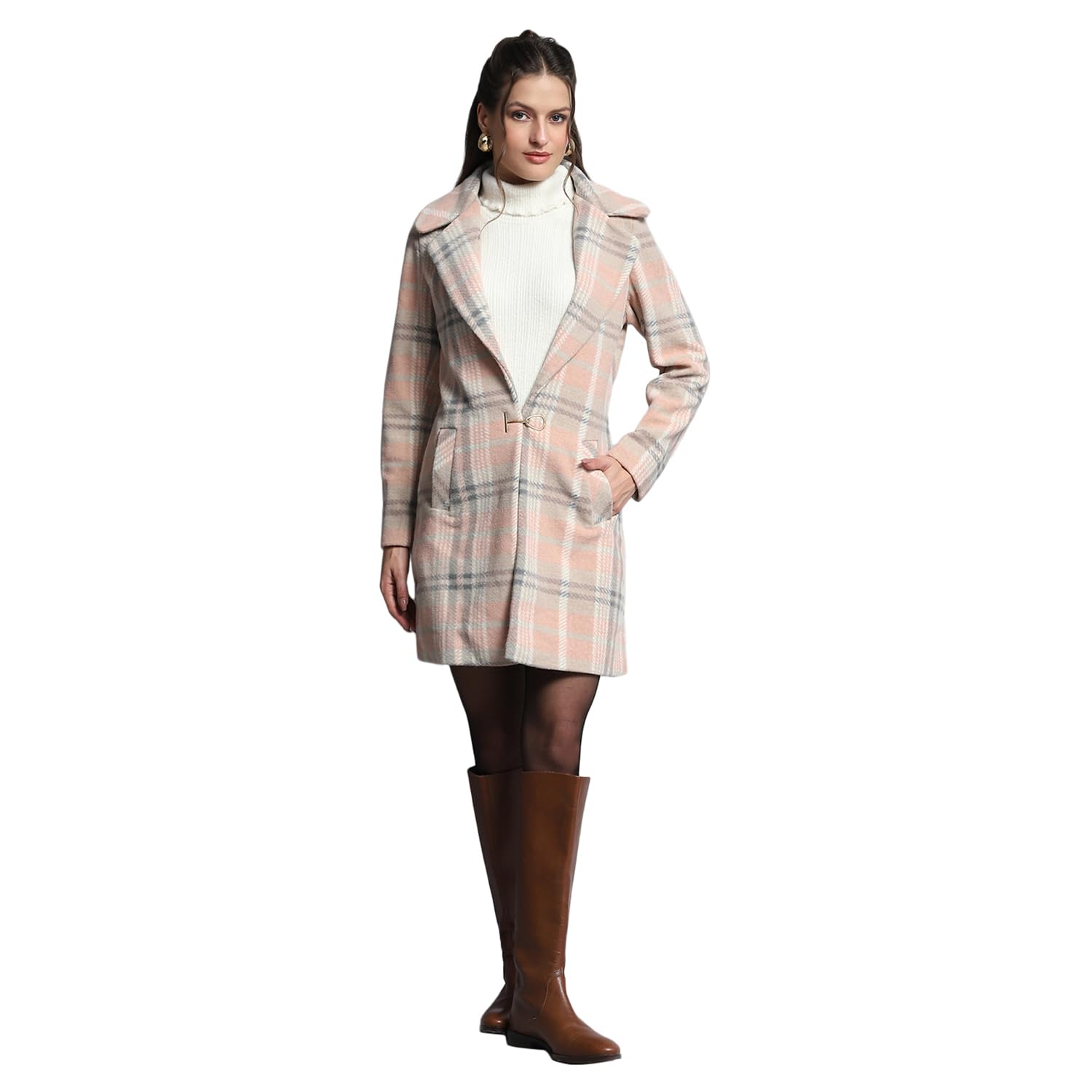 monte carlo Womens Check Coral Notch Lapel Full Sleeve Coat_224067370-1-34-picture-22