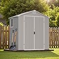 Greesum 6×4FT Plastic Outdoor Storage Shed with Floor, Resin Storaged Sheds with Lockable Double Door, Window & Vents, All-Weather Tool Sheds for Garden, Backyard, Patio, Light Gray