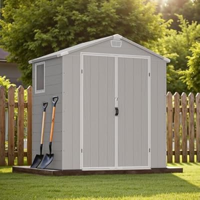 Greesum 6×4FT Plastic Outdoor Storage Shed with Floor, Resin Storaged Sheds with Lockable Double Door, Window & Vents, All-Weather Tool Sheds for Garden, Backyard, Patio, Light Gray
