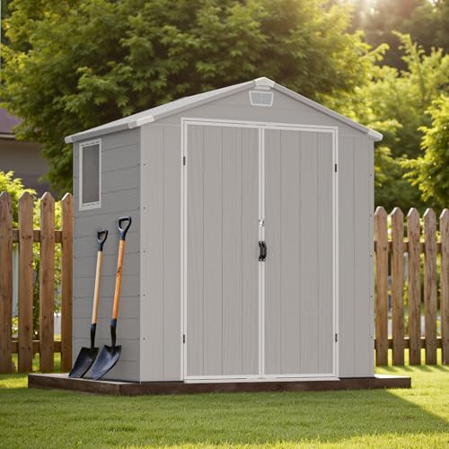Image of Greesum 6x4FT Plastic Outdoor Storage Shed with Floor, Resin Sheds with Lockable Double Door, Tool Sheds with Window and Vents, for Garden, Patio, Backyard, Light Gray