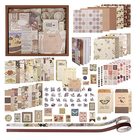 Zocipro Estética Scrapbook Accesorios Kit, 345Pcs Vintage Scrapbooking Journaling Suministros Kit Bullet Journal Kit con Cuaderno A6 Cuadrícula, DIY Scrapbook Regalo para Adolescentes y Niños