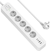 JSVER Regleta Enchufe USB C, 4 Puertos de USB(2 USB C+2 A) y 5 Tomas, Proteccion Sobretension 1050J, Enchufe Alargador Multiple Carga para iPad iPhone Tablets Cable 2m-Blanco