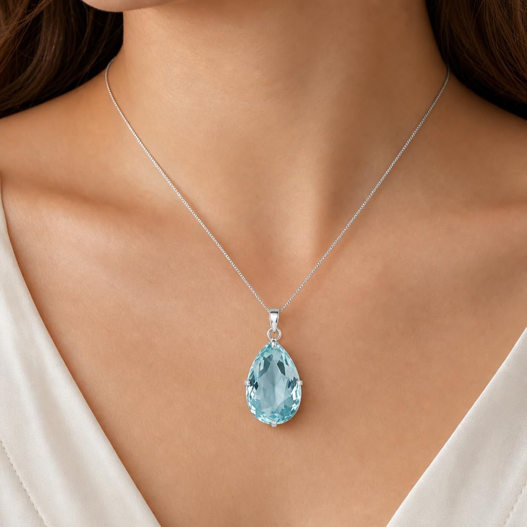 GEMHUB Pear Cut 925 Sterling Silver Hydrothermal Aquamarine 85 Carat Pendant for Office image 2
