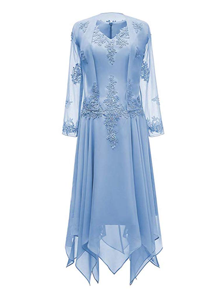 Leader of the Beauty 2 Piece Chiffon V-Neck Tea Length Mother of The Bride Dress Appliques Formal Evening Gowns with Long Sleeves Jacket 16 Blue