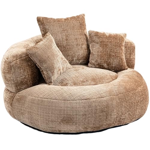 SHAIRMB SillóN Redondo Extragrande, Sofá Cama Individual Tipo Chaise Longue Tapizado con Asiento Profundo, Puf De Chenilla con Cojines, Ideal para Sala De Estar, Dormitorio,Marrón