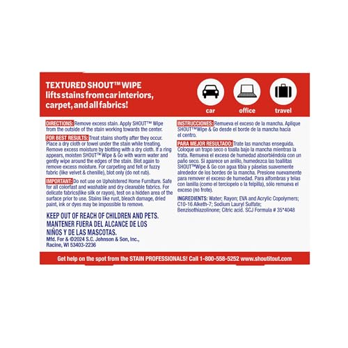 Image of SC Johnson Professional Shout Wipe and Go Stain Remover Wipes, 144 Count | Portable double-sided textured wipes for makeup, coffee, juice and wine stains; 12 pouches of 12, 144 wipes