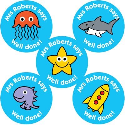 Personalised teacher reward stickers -"Your Name" says - Well Done! Mixed images on blue background from The Sticker Factory.