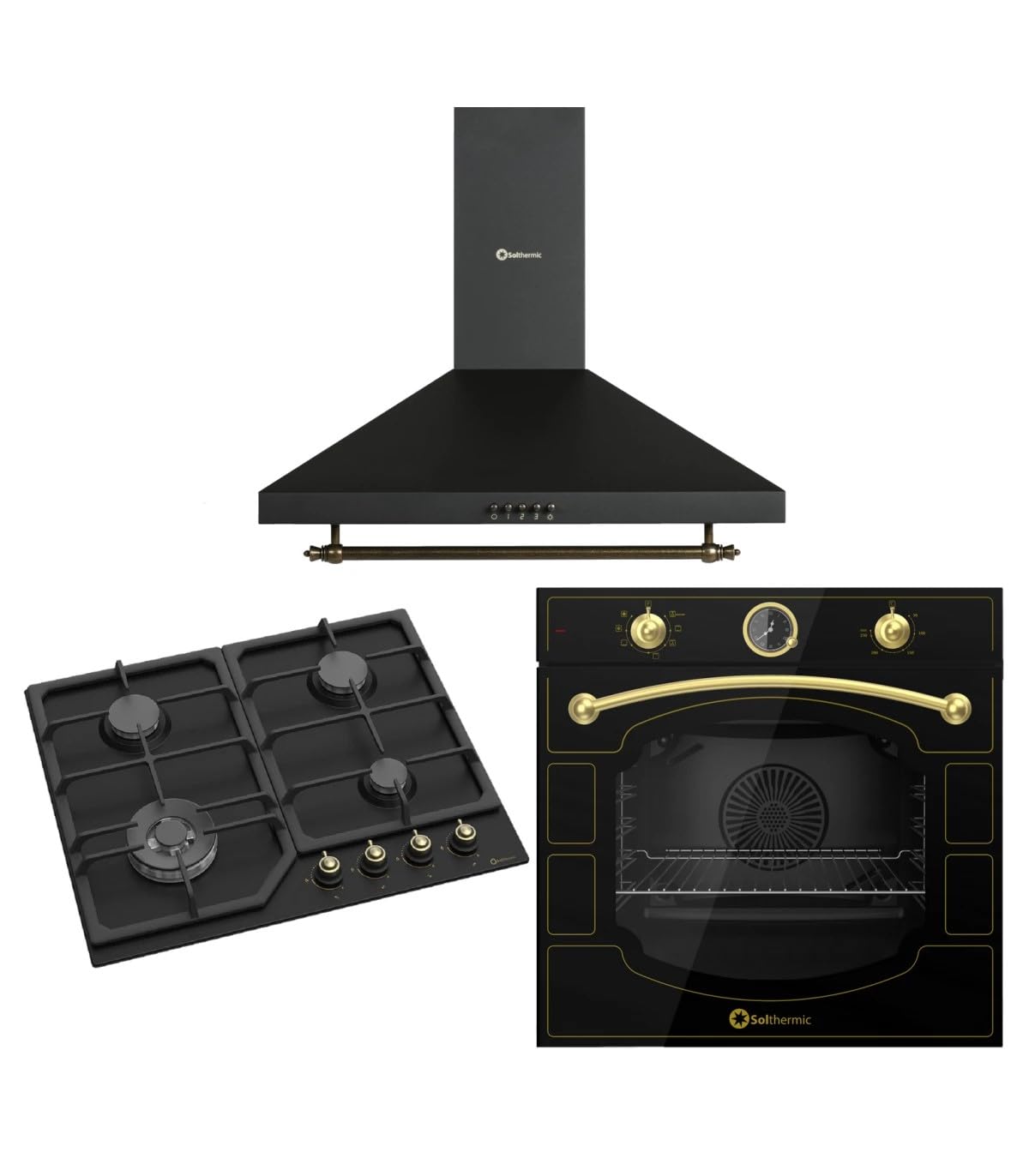 SOLTHERMIC CONJUNTO ENCIMERA GAS 4 FUEGOS + HORNO ELECTRICO 64 L. + CAMPANA EXTRACTORA/ESTILO RUSTICO NEGRO CON MANDOS DORADOS/ANCHO 60 CMS