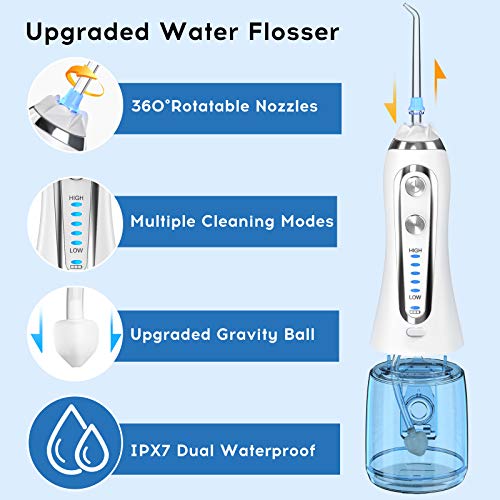 Water Flosser for Teeth, Professional Dental Oral Irrigator with 300ML Water Tank, 5 Mode and 6 Jet Tips, Cordless Portable and Rechargeable Waterproof Water Flossers for Home and Travel