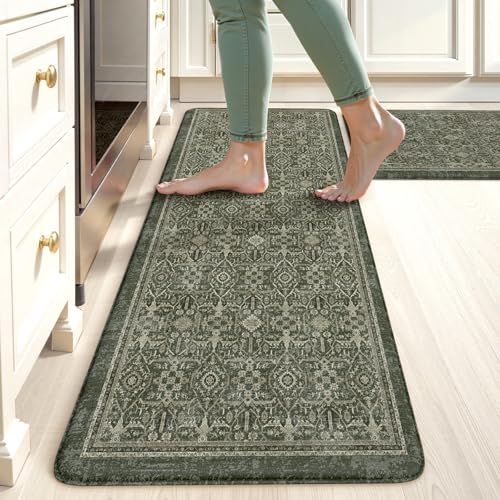 KIMODE Anti Fatigue Kitchen Mats for Floor Non Slip,Boho Farmhouse Kitchen Rugs Sets of 2,Memory Foam Standing Mat for Office,Waterproof Sink Rug for Laundry Office,Dark Green
