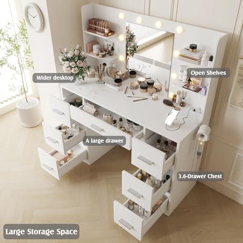 Image of YESHOMY Vanity Desk with Mirror, Power Outlet and 10 Lights, Makeup Table with 7 Drawers, 3 Color Modes Available for Bedroom, Pure White