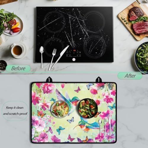 Image of Poceacles Stove Cover for Cooktop, Electric Stovetop Protector Cover Non-skid Multipurpose Induction Electric Stove Burner Mat Easy to Clean, Hummingbird Floral Butterfly Green