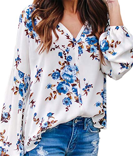 Happy Sailed Women's Casual Loose Shirt Long Sleeve V-Neck Blouse Tops Small Blue