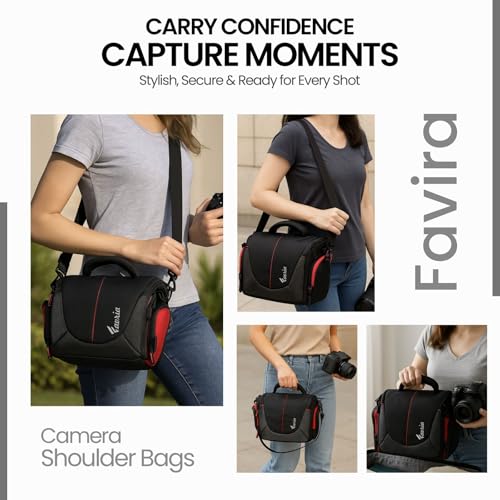 Image of Favria Camera Bag for DSLR & Mirrorless - Fits Nikon, Canon, Sony - Camera Bag for Travel - Shockproof Sling Case for Lens - Water-Resistant Compact Photography Bag (Black Red)