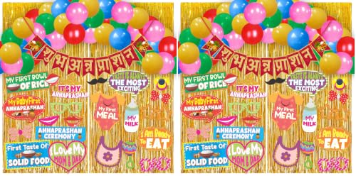 Image of WOBBOX Annaprashan Party Props with Hindi Font Red & Golden Color Font Bunting Banner & Balloon & Foil Fringe, Annaprashan Decoration Item (44 Pcs Combo) (Pack of 2)