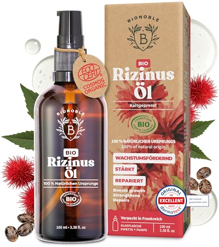 BIONOBLE Rizinusöl Kaltgepresst Bio - 100% Natürlich, Ohne Hexan - Wachstumsfördernd, Repariert - Rizinusöl Bio Haare, Wimpern, Augenbrauen, Haut - Castor Oil - Glasflasche, Pipette, Pumpe - 100ml