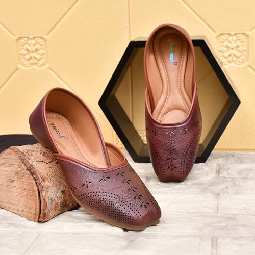 Image of Duosoft Women's Leather Ballet Flats, Black Perforated Design, Comfort Cushioned Insole, Slip-On Style Bellies Dw-201-Tan