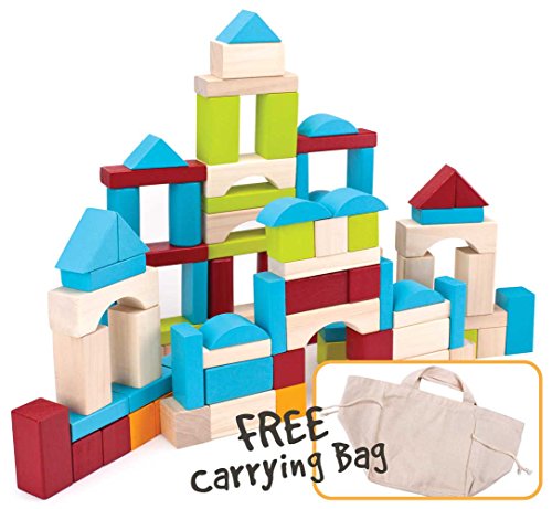 Imagination Generation 100 Piece Natural Wooden Building Block Set with Carrying Bag –