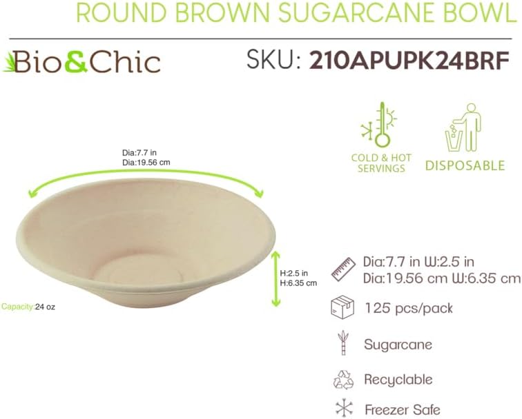 PacknWood Round Brown Sugarcane Bowl | Disposable bowls | Sugarcane Fiber Biodegradable | Bowls take away food containers meal prep food storage Eco-friendly- 24oz (D: 7.7in H: 2.5in) - 250 pcs