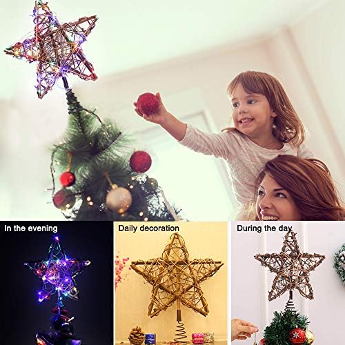 Rustic Christmas Tree Topper Star, Rattan Natural Star Tree Topper with 50 Lights, Christmas Decorations Holiday Decor,10 inches, Battery Operated