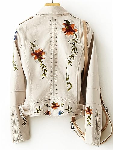 Dninmim Women's Print Embroidery Leather Jacket Floral Faux Soft Coat Turndown Collar Pu Outerwear2