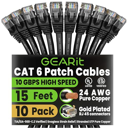 GearIt 10 Pack, Cat6 ���� LAN�P�[�u��/�C�[�T�l�b�g�p�b�`�P�[�u�� 4.5m 15 Feet - Computer LAN Network Cord, �u���b�N - Compatible with 10 Port Switch PO