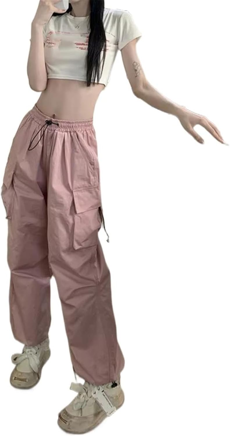 Women's Loose Cargo Pants High Waist Big Pocket Drawstring Vintage Trouser for Women