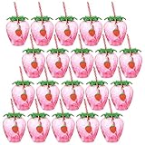 LemonRoad 20 Pcs 17 oz Strawberry Shaped Cups with Lids and Straws Reusable Cute Drinking Cups Strawberry Water Bottles for Hawaiian Summer Party