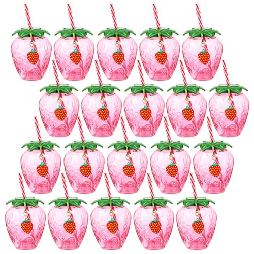 LemonRoad 20 Pcs 17 oz Strawberry Shaped Cups with Lids and Straws Reusable Cute Drinking Cups Strawberry Water Bottles for Hawaiian Summer Party