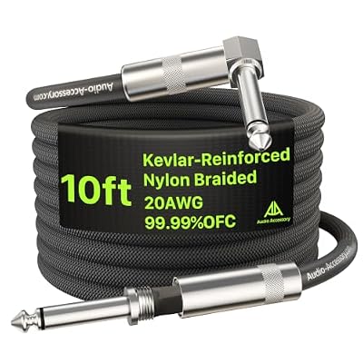 AA AUDIO ACCESSORY Right Angle Guitar Cable 10 ft, Nylon Braided Anti-Kinking Kevlar-Reinforced, 20 AWG 99.99% OFC 1/4 Instrument Cable, AL & OFC Shielded Guitar Cord for Fender Electric Guitar