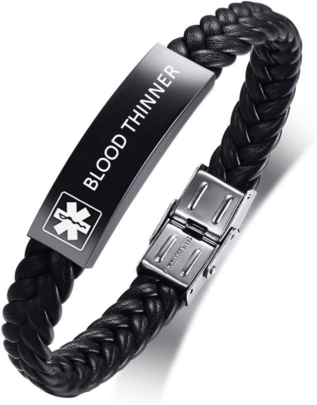 XUANPAI BLOOD THINNER Medical Alert Emergency Braided Leather Wristband ICE ID Bracelet for Men Boys,8.4"