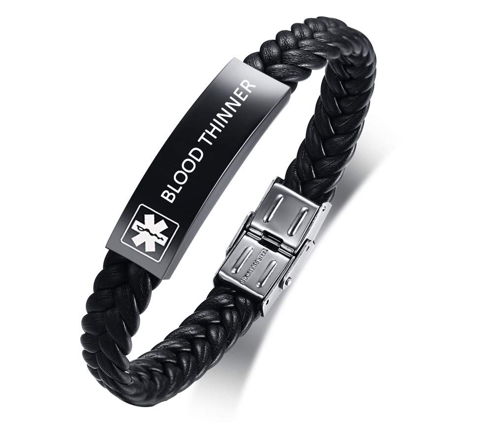 XUANPAI BLOOD THINNER Medical Alert Emergency Braided Leather Wristband ICE ID Bracelet for Men Boys,8.4"