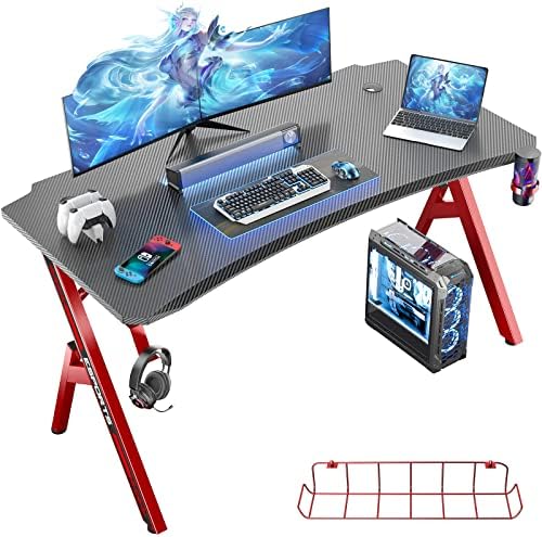 Ecoprsio Gaming Desk, 47 Inch Gaming Computer Desk with Carbon Fiber Desktop, Large Y Shaped Gamer Desk with Cup Holder and Headphone Hook, 47.2” Game Table for Gamer Room, Workstation, Bedroom, Red