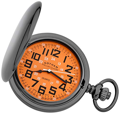 Gotham Men's Gunmetal Railroad Polished Finish Covered Quartz Pocket Watch