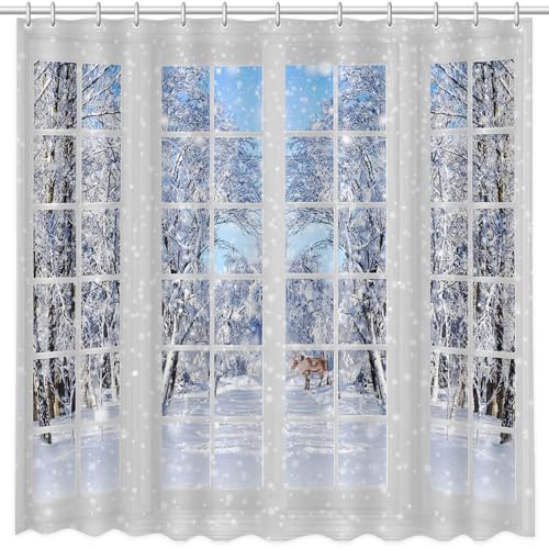 MEHOFOND 72x72inch Winter Christmas Shower Curtain Window Elk Snowy Scenery Forest Nature Bathroom Waterproof Bathtub Home Decor Modernize Waterproof Family Tub Decor Polyester Fabric With 12 Hooks