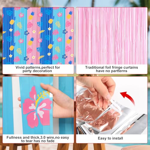 Image of Tiamon 2 Pack Cartoon Hawaiian Party Decorations 3.3 x 6.6 Ft Blue Pink Hawaiian Foil Fringe Curtains Wall Backdrop Tinsel Streamers Photo Booth for Tropical Luau Baby Shower Birthday Party Supplies