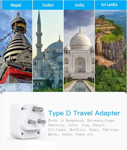 Image of HANYCONY US to India Plug Adapter, Type D Travel Adapter with 3 Outlets 4 USB Ports(2 USB C), India Power Travel Adapter for USA to India, Bangladesh, Maldives, Pakistan