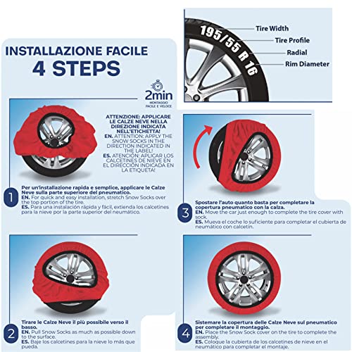 WeGeek, ACTIVE SERIES 1 Paar Schneesocken für Autos, SUVs, 4 x 4, Vans mit neuer EUROPÄISCHER Zulassung EN 16662-1, die die Schneesocken mit den Schneeketten verbindet, Größe M (Paar), Montage 2 min.