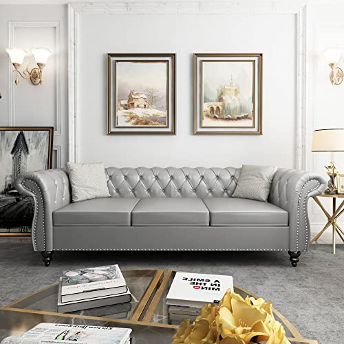 Chesterfield Sofa Leather, Modern PU Tufted Couch 3 Seater with Rolled Arms and Nailhead for Living Room, Bedroom, Office, Apartment (Grey)