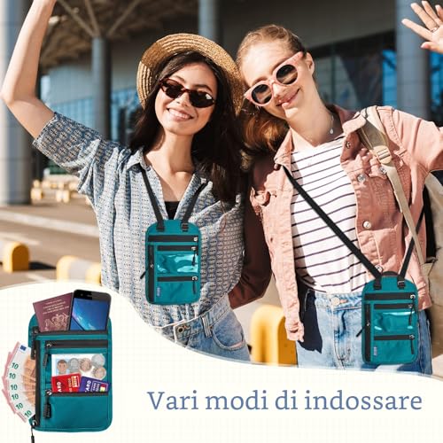 Yordawn Portadocumenti Da Collo Borsello Da Viaggio Con Blocco Rfid Porta Passaporto Con Tracolla Regolabile Per Uomo Donna Impermeabile Portafoglio Da СOllo Per Carte Passaporto (Blu Lago) - 6
